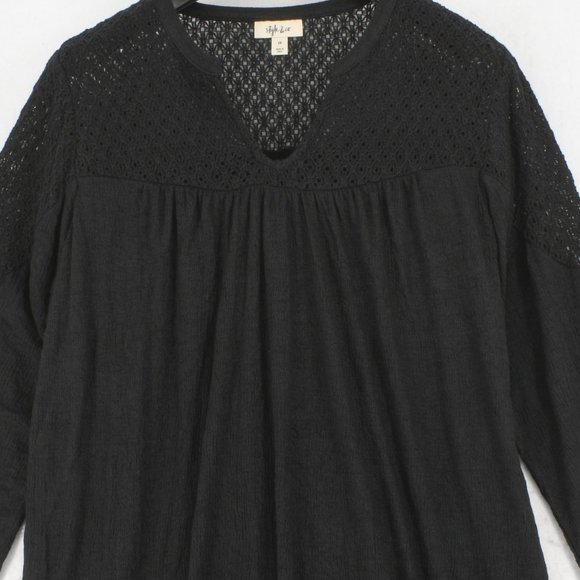Style & Co Womens Plus Crochet Split V-Neck Long Sleeve Elastic Cuffs Top Black - Picture 3 of 8